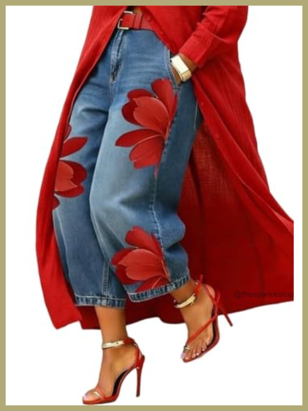Women's Floral Print Cropped Wide Leg High Rise Jeans